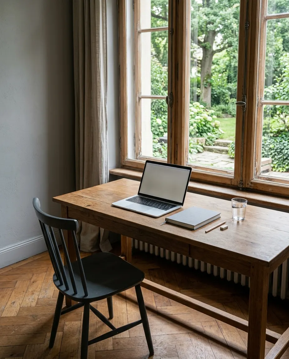 Schreibtischplatz am hohen Villenfenster mit Laptop, Notizbuch und Wasserglas, draußen grüne Bäume.