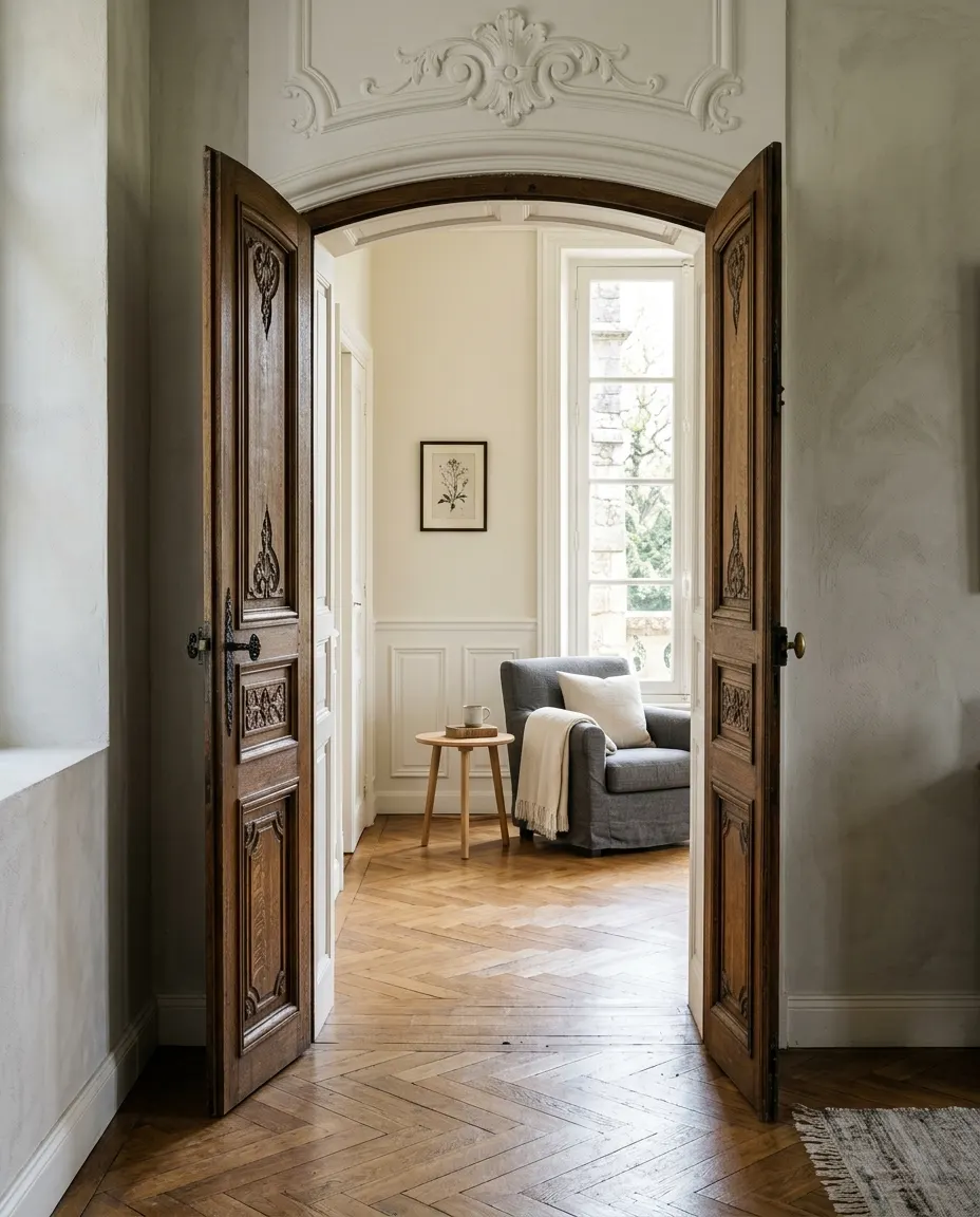 Geöffnete, geschnitzte Holzflügeltür in einer Villa mit Stuck, dahinter ein heller Raum mit grauem Sessel.